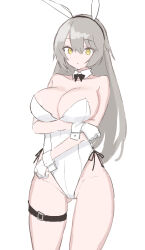 Rule 34 | 1girl, animal ears, black bow, black bowtie, bow, bowtie, breasts, closed mouth, collarbone, cowboy shot, detached collar, fake animal ears, ff frbb122, girls&#039; frontline, gloves, gluteal fold, grey hair, hair between eyes, highres, large breasts, leotard, long hair, playboy bunny, rabbit ears, skindentation, solo, thigh strap, thighs, ump40 (girls&#039; frontline), white gloves, wrist cuffs, yellow eyes