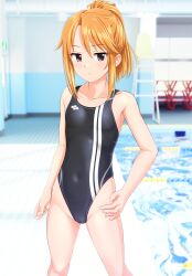Rule 34 | 1girl, absurdres, black one-piece swimsuit, breasts, brown eyes, commentary request, competition swimsuit, covered navel, double vertical stripe, feet out of frame, hand on own hip, highleg, highleg swimsuit, highres, idolmaster, idolmaster cinderella girls, idolmaster cinderella girls u149, long hair, looking at viewer, one-piece swimsuit, orange hair, photo background, ponytail, pool, poolside, sidelocks, small breasts, solo, swimsuit, takafumi, yuuki haru