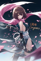 Rule 34 | 1girl, absurdres, black kimono, black sleeves, black thighhighs, blurry, blurry foreground, breasts, brown hair, cherry blossoms, detached sleeves, floating hair, from behind, gradient background, green eyes, grey background, highres, holding, holding sword, holding weapon, japanese clothes, katana, kimono, long sleeves, looking at viewer, looking back, medium breasts, ninja, pink scarf, romancing saga, saga, scarf, sheath, sheathed, short hair, sideboob, sleeveless, sleeveless kimono, solo, standing, sword, thigh strap, thighhighs, und0, weapon