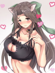 Rule 34 | 10s, 1girl, alternate costume, animal ears, bare shoulders, bell, blush, bow, breasts, brown eyes, cat cutout, cat ears, cat lingerie, choker, cleavage, cleavage cutout, clothing cutout, frills, green bow, hair bow, half updo, heart, highres, holding strap, jingle bell, jintsuu (kancolle), kantai collection, large breasts, long hair, looking at viewer, meme attire, neck bell, parted bangs, pink lips, sidelocks, smile, solo, strap slip, underwear, underwear only, untied, untue, upper body