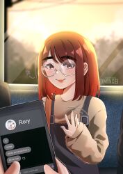 Rule 34 | 1girl, black overalls, blush, brown hair, brown sweater, cellphone, english text, glasses, hair behind ear, highres, long hair, looking at viewer, minxei, original, overalls, phone, pov, rory (minxei), round eyewear, semi-rimless eyewear, smile, solo focus, sweater, text messaging, thick eyebrows, train interior, twitter username, waving, yandere