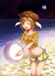 Rule 34 | 1girl, ;d, animal ears, ball, beachball, blonde hair, rabbit ears, rabbit tail, collarbone, cowboy shot, crop top, earth (planet), flat cap, floppy ears, hat, highres, looking at viewer, midriff, navel, ocean, one eye closed, open mouth, piyodesu, red eyes, ringo (touhou), short hair, short shorts, shorts, sky, smile, solo, star (sky), starry sky, tail, touhou, water, wet, wet clothes, wet hair