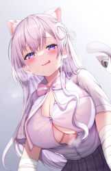Rule 34 | 1girl, absurdres, animal ears, bandaged arm, bandages, bell, blush, bow, bow-shaped hair, bowtie, breast pocket, breasts, breath, button gap, cat ears, cat girl, cat tail, cleavage, collared shirt, commentary request, commission, from below, gradient background, highres, indie virtual youtuber, jingle bell, large breasts, licking lips, long hair, looking at viewer, naito mare (vtuber), partially unbuttoned, pink bow, pink bowtie, pleated skirt, pocket, purple eyes, purple hair, shirt, shirt tucked in, skeb commission, skirt, solo, tail, tongue, tongue out, virtual youtuber, yu lei