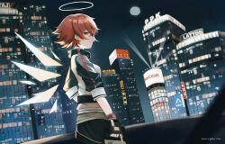 Rule 34 | 1girl, arknights, black gloves, black skirt, black sleeves, building, cityscape, closed mouth, cowboy shot, detached wings, exusiai (arknights), fingerless gloves, from side, gloves, gun, halo, highres, holding, holding gun, holding weapon, jacket, looking at viewer, moon, night, night sky, orange eyes, pumpkinnn, red hair, short hair, short sleeves, skirt, sky, skyscraper, smile, solo, trigger discipline, weapon, white jacket, wings
