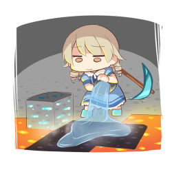 Rule 34 | 1girl, bad id, bad pixiv id, blue dress, blue footwear, brown eyes, bucket, chibi, closed mouth, dress, holding, holding bucket, idolmaster, idolmaster cinderella girls, light brown hair, long hair, minecraft, minecraft pickaxe, lava, morikubo nono, pouring, puffy short sleeves, puffy sleeves, ringlets, shoes, short sleeves, standing, uccow, water, wavy mouth