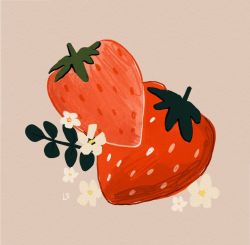 Rule 34 | commentary, english commentary, flower, food, food focus, fruit, grey background, highres, leaf, libbyframe, no humans, original, plant, signature, simple background, still life, strawberry, white flower