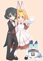 Rule 34 | 10s, 2girls, :d, alternate costume, alternate footwear, alternate legwear, animal ears, apron, bad id, bad pixiv id, black footwear, black hair, black pants, blue eyes, blush, bow, brown dress, brown footwear, butler, buttons, clenched hand, closed mouth, collared shirt, cup, dot nose, dress, enmaided, extra ears, eyelashes, facial hair, fake facial hair, fake mustache, female butler, formal, frilled dress, frills, full body, gloves, hand on own chest, highres, holding, holding tray, japari symbol, juliet sleeves, kaban (kemono friends), kemono friends, long sleeves, looking at viewer, lucky beast (kemono friends), maid, maid apron, mary janes, multiple girls, mustache, neck ribbon, no gloves, no headwear, no headwear, official style, open mouth, orange eyes, orange hair, outline, pants, pantyhose, paw pose, pink background, pocket, puffy sleeves, ribbon, saucer, serval (kemono friends), serval tail, shirt, shoes, short hair, simple background, sleeve cuffs, smile, standing, striped tail, tail, tailcoat, tareme, teacup, teapot, teranekosu, tray, tuxedo, waistcoat, white apron, white bow, white gloves, white legwear, white outline, white ribbon, white shirt, wing collar