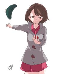 Rule 34 | 1girl, breasts, brown eyes, brown hair, child, clenched hand, creatures (company), determined, dress, eyelashes, facing viewer, female focus, fingernails, game freak, gloria (pokemon), grey jacket, hands up, hat, highres, holding, holding poke ball, jacket, kajikotetu, legs, long sleeves, matching hair/eyes, medium hair, neck, nintendo, outstretched arm, outstretched arms, pink dress, poke ball, pokemon, pokemon swsh, side bangs, sidelocks, signature, simple background, small breasts, spread arms, standing, tam o&#039; shanter, thighs, thighs together, unworn headwear, white background
