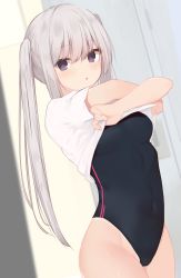 Rule 34 | 1girl, :o, absurdres, black one-piece swimsuit, breasts, clothes lift, commentary request, covered navel, grey hair, groin, hair between eyes, highres, indoors, lifting own clothes, locker, locker room, long hair, looking at viewer, memekko, one-piece swimsuit, original, parted lips, purple eyes, shirt, shirt lift, small breasts, solo, swimsuit, swimsuit under clothes, twintails, undressing, very long hair, white shirt