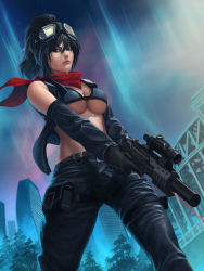 Rule 34 | 1girl, absurdres, bandana, bare shoulders, bikini, bikini top only, black hair, detached sleeves, dutch angle, female focus, gloves, goggles, goggles on head, grey eyes, gun, handgun, highres, holding, holding gun, holding weapon, laser, laser pointer projection, laser sight, looking at viewer, okita, open clothes, open vest, original, pants, pistol, ponytail, scope, solo, suppressor, swimsuit, trigger discipline, vest, weapon