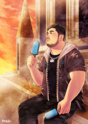 Rule 34 | 1boy, bara, beard stubble, blush, chain, chain necklace, daisukebear, denim, dual wielding, facial hair, feet out of frame, fog, food, from side, highres, holding, holding food, holding ice cream, hood, hooded jacket, ice cream, jacket, jeans, jewelry, looking ahead, male focus, mustache stubble, necklace, on roof, open clothes, open jacket, original, pants, pectorals, short hair, sitting, sitting on roof, solo, stubble, unzipped