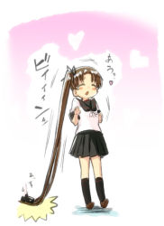 Rule 34 | 10s, 1girl, absurdly long hair, ayanami (kancolle), bad id, bad pixiv id, blush, brown eyes, brown hair, engiyoshi, closed eyes, full body, hair ribbon, kantai collection, long hair, open mouth, ponytail, ribbon, school uniform, serafuku, side ponytail, skirt, solo, stepped on, tears, translation request, very long hair