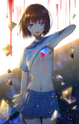 Rule 34 | 1girl, :d, bandaid, bandaids on nipples, blood, blue eyes, blue sailor collar, blue skirt, breasts, broken heart, brown hair, commentary request, crystal, cuts, hair between eyes, heart, highres, injury, ji dao ji, lifting own clothes, looking at viewer, navel, open mouth, original, pasties, plaid, plaid skirt, pleated skirt, sailor collar, school uniform, serafuku, shirt, short hair, short sleeves, skirt, small breasts, smile, solo, teeth, upper teeth only, white shirt