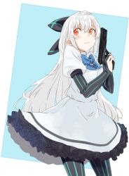 Rule 34 | 1girl, aqua background, black pantyhose, blue bow, blue stripes, bow, brooch, closed mouth, commentary request, cowboy shot, dress, elbow gloves, facing viewer, frilled dress, frills, girls&#039; frontline, gloves, gun, hair bow, handgun, hands up, highres, holding, holding gun, holding weapon, jewelry, juliet sleeves, long hair, long sleeves, looking to the side, namakura (a namakura), pantyhose, partially fingerless gloves, puffy sleeves, red eyes, short sleeves, simple background, solo, striped bow, striped clothes, striped gloves, striped pantyhose, tokarev (girls&#039; frontline), tokarev tt-33, trigger discipline, vertical-striped clothes, vertical-striped gloves, vertical-striped pantyhose, very long hair, weapon, white background, white dress, white hair