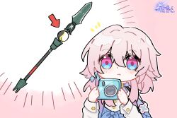 Rule 34 | 1girl, arrow (symbol), artist request, black choker, blue eyes, blue jacket, blush, breasts, buttons, camera, chibi, chinese text, choker, earrings, english text, hair between eyes, highres, holding, holding camera, honkai: star rail, honkai (series), jacket, jewelry, long sleeves, march 7th (honkai: star rail), medium breasts, pink eyes, pink hair, shirt, single earring, solo, staff, third-party source, tied jacket, two-tone eyes, upper body, white shirt