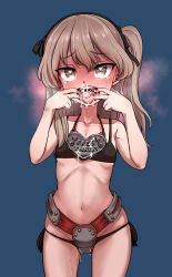Rule 34 | 1girl, absurdres, aomushi (mushamusha), armor, belly, bikini, bikini armor, black bikini, blue background, blush, brown eyes, chastity belt, collarbone, cum, cum in mouth, cum in nose, cum on tongue, female focus, girls und panzer, groin, hair ornament, hand on own throat, heart, heart-shaped pupils, highres, jewelry, light brown hair, looking at viewer, navel, necklace, one side up, open mouth, public use, pussy juice, ribs, shimada arisu, simple background, skinny, solo, standing, swimsuit, symbol-shaped pupils, tears, teeth, tongue, tongue out, uvula