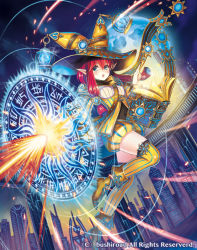 Rule 34 | 10s, 1girl, book, boots, cardfight!! vanguard, company name, hat, holy mage lavinia, lamp, long hair, low twintails, mado*pen, magic circle, moon, night, night sky, official art, open mouth, pointy ears, red hair, sky, solo, sparkle, thighhighs, twintails