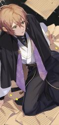 Rule 34 | 1boy, arm support, black capelet, black hakama, black shirt, brown hair, capelet, crossed bangs, falling petals, feet out of frame, from above, genkou youshi, green eyes, hair between eyes, hakama, hakama pants, hatorihatelier, hypnosis mic, japanese clothes, kimono, long sleeves, looking ahead, male focus, on liquid, pants, paper, parted lips, petals, shirt, short hair, sitting, sitting on liquid, solo, turtleneck, water, white kimono, wide sleeves, yokozuwari, yumeno gentaro