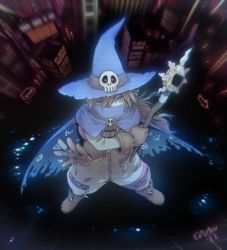 Rule 34 | 1boy, arrow (symbol), blue hat, brown gloves, brown hair, building, cape, city, commentary, digimon, digimon (creature), english commentary, erupan, from above, full body, gloves, hat, highres, holding, holding staff, long hair, looking at viewer, male focus, one eye closed, road sign, sign, solo, staff, stop sign, torn cape, torn clothes, wizard hat, wizarmon