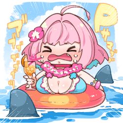 Rule 34 | 1girl, ahoge, bikini, blush, breasts, chibi, choker, cleavage, closed eyes, commentary, crying, cup, drink, fang, floating, flower, flower necklace, food, fruit, holding, holding cup, idolmaster, idolmaster cinderella girls, in water, innertube, jewelry, juice, large breasts, necklace, open mouth, orange (fruit), orange juice, pink hair, shark, shark fin, short hair, solo, swim ring, swimsuit, takato kurosuke, translated, water, wavy mouth, yumemi riamu