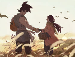 Rule 34 | 1boy, 1girl, ^ ^, amepati, animal, autumn, backlighting, bad id, bad twitter id, basket, bird, black eyes, black hair, black skirt, blurry, bokeh, carrying, carrying under arm, chi-chi (dragon ball), closed eyes, closed mouth, commentary request, couple, day, depth of field, dougi, dragon ball, dragonball z, evening, eyelashes, facing away, field, floating hair, food, grass, grey sky, happy, hetero, holding, holding basket, holding hands, jacket, light blush, long skirt, looking at another, looking down, low ponytail, muscular, nature, open mouth, outdoors, pants, pink jacket, plaid, plaid scarf, profile, pumpkin, scarf, skirt, sky, smile, son goku, spiked hair, standing, sunlight, tareme, teeth, twitter username, upper teeth only, wheat, wheat field, wind, wind lift, wrinkled skin, wristband, yellow scarf