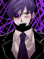 Rule 34 | black jacket, black sweater, collared shirt, commentary, crying, crying with eyes open, english commentary, fangs, highres, jacket, lobotomy corporation, looking at viewer, male focus, necktie, open mouth, project moon, purple hair, purple necktie, shirt, short hair, smile, solo a, sweater, tears, turtleneck, turtleneck sweater, v-shaped eyebrows, white shirt, yellow eyes, yesod (project moon)