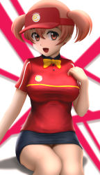 Rule 34 | 1girl, :d, bow, bowtie, breasts, brown hair, clothes writing, employee uniform, fast food uniform, hand on own chest, hataraku maou-sama!, highres, large breasts, looking at viewer, no lineart, open mouth, panties, pantyshot, part time job, pencil skirt, polo shirt, sasaki chiho, short hair, short twintails, siraha, sitting, skirt, smile, solo, twintails, underwear, uniform, upskirt, visor, visor cap