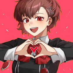 Rule 34 | 1girl, :d, black jacket, bow, bowtie, brown hair, eca leaf, gekkoukan high school uniform, heart, heart hands, highres, jacket, looking at viewer, open mouth, persona, persona 3, persona 3 portable, red background, red bow, red bowtie, red eyes, school uniform, shiomi kotone, short hair, smile, solo, teeth, upper body, upper teeth only