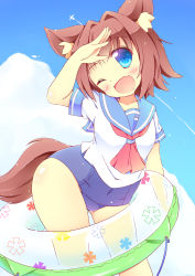 Rule 34 | 1girl, aircraft, airplane, blue eyes, blush, brown hair, fang, highres, kt cano, lifebuoy, one eye closed, open mouth, original, sailor collar, school swimsuit, short hair, swim ring, swimsuit, swimsuit under clothes, tail, wink
