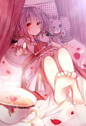 Rule 34 | 1girl, ascot, bad feet, bad hands, barefoot, bat wings, bed, brooch, canopy bed, cup, feet, female focus, flower, highres, jewelry, lying, on bed, petals, pillow, purple hair, red eyes, red flower, red rose, remilia scarlet, rose, sash, shirt, skirt, skirt set, soles, solo, stuffed animal, stuffed rabbit, stuffed toy, teacup, toes, toufukin, touhou, wings