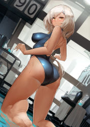 Rule 34 | 1girl, ass, bare arms, bare legs, barefoot, blue one-piece swimsuit, blurry, blurry background, blurry foreground, breasts, brown hair, competition swimsuit, covered erect nipples, depth of field, dutch angle, foreshortening, from behind, girls&#039; frontline, hair ornament, hairclip, highres, impossible clothes, impossible swimsuit, indoors, kneeling, large breasts, long hair, looking back, m590 (girls&#039; frontline), one-piece swimsuit, pandea work, parted lips, poolside, sidelocks, solo, swimsuit, tan, towel, wet, yellow eyes