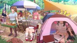 Rule 34 | 1boy, 5girls, ?, breasts, camping, condom, cooking, female pubic hair, highres, large breasts, multiple girls, original, pubic hair, ryokucha michi, sex, spoken question mark, stealth sex, table, tent, umbrella
