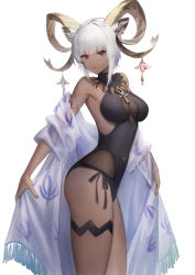 Rule 34 | 1girl, absurdres, animal ears, arknights, armlet, bilibilida, black one-piece swimsuit, breasts, carnelian (arknights), carnelian (shimmering dew) (arknights), cleavage, covered navel, cowboy shot, dark-skinned female, dark skin, goat ears, goat girl, goat horns, highres, horn ornament, horns, jewelry, looking at viewer, necklace, off shoulder, official alternate costume, one-piece swimsuit, red eyes, shawl, short hair, short hair with long locks, smile, solo, swimsuit, thigh strap, thighs, white background, white hair