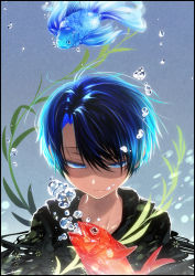 Rule 34 | 1boy, backlighting, black border, black eyes, blue background, blue eyes, blue hair, border, bubble, closed mouth, cluseller, collarbone, fish, goldfish, gradient background, green shirt, half-closed eyes, highres, light particles, male focus, open mouth, original, plant, shirt, short hair, solo, underwater, upper body