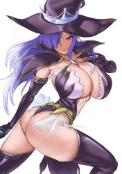 Rule 34 | 1girl, ass, black gloves, black thighhighs, blue hair, blush, breasts, capelet, elbow gloves, fatima, fatima (luminous arc), gloves, hair over one eye, hat, huge breasts, long hair, looking at viewer, luminous arc, luminous arc 2, purple eyes, see-through, simple background, solo, thighhighs, tomiokasena, twisted torso, white background, witch hat