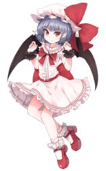 Rule 34 | 1girl, bat wings, blue hair, bobby socks, center frills, closed mouth, fang, fang out, frills, full body, hat, hat ribbon, highres, mob cap, pointy ears, red eyes, red footwear, red ribbon, remilia scarlet, ribbon, shoes, shone, short hair, simple background, skirt, skirt set, smile, socks, solo, touhou, white background, white skirt, white socks, wings, wrist cuffs