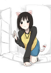 Rule 34 | 1girl, absurdres, all fours, animal ears, bell, black hair, black shirt, black sleeves, blue skirt, blush, bow, brown eyes, cat ears, cat tail, closed mouth, commentary request, eyelashes, full body, hand up, highres, hitodattaniku, indoors, long sleeves, looking at viewer, medium hair, nakahara misaki, neck bell, nhk ni youkoso!, no shoes, pink bow, shirt, sketch, skirt, socks, solo, tail, tail bow, tail ornament, two-tone shirt, white socks, yellow shirt