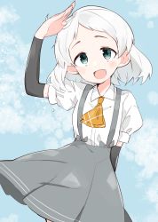 Rule 34 | 1girl, :d, absurdres, arm up, arm warmers, blue sky, blush, cloud, collared shirt, commentary request, day, dress shirt, forehead, green eyes, grey skirt, highres, kantai collection, looking at viewer, natsugumo (kancolle), nose blush, ooyama imo, open mouth, outdoors, pleated skirt, puffy short sleeves, puffy sleeves, shirt, short sleeves, skirt, sky, smile, solo, suspender skirt, suspenders, white hair, white shirt