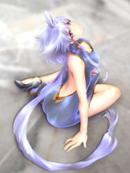 Rule 34 | 1girl, arm support, backless dress, backless outfit, blue eyes, breasts, china dress, chinese clothes, cleavage, dress, heterochromia, high heels, lavolpe (yagisaka seto), long hair, looking up, original, purple eyes, ringed eyes, shoes, sidelocks, silver hair, sitting, solo, very long hair, yagisaka seto, yokozuwari