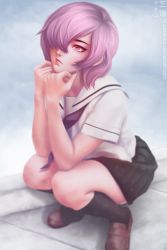Rule 34 | 1girl, black socks, blouse, brown eyes, closed mouth, crying, crying with eyes open, hand on own chin, head rest, highres, kneehighs, miura-n315, original, pleated skirt, school uniform, shirt, short hair, skirt, socks, solo, tears, white shirt