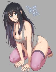 Rule 34 | 1girl, agawa ryou, ahoge, arm support, artist name, bare shoulders, black hair, blue eyes, bottomless, breasts, cleavage, collarbone, commentary, dated, english commentary, grey background, grey tank top, hair between eyes, kneeling, large breasts, long hair, looking at viewer, messy hair, nail polish, no bra, no panties, numbered, open mouth, original, pink nails, pink thighhighs, sidelocks, simple background, solo, stirrup legwear, tank top, teeth, thighhighs, toeless legwear, upper teeth only