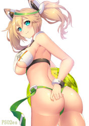 Rule 34 | 1girl, aqua eyes, ass, ball, beachball, bikini, blonde hair, blush, bracer, breasts, carrying, carrying under arm, closed mouth, clothing cutout, copyright name, cowboy shot, eyebrows, eyelashes, from behind, from below, gene (pso2), green hair, hair between eyes, hair ornament, large breasts, long hair, looking back, multicolored hair, phantasy star, phantasy star online 2, simple background, smile, solo, streaked hair, swimsuit, thong, thong bikini, transparent, twintails, underboob, underboob cutout, white background, yoshimoto (dear life)
