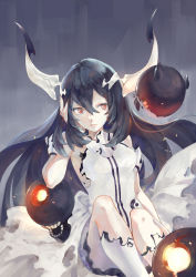Rule 34 | 10s, 1girl, abyssal ship, anchorage water oni, bad id, bad pixiv id, bare shoulders, black hair, dress, gradient hair, grey background, hand in own hair, highres, horns, kantai collection, long hair, looking at viewer, multicolored hair, pale skin, parted lips, red eyes, roong, sleeveless, solo, very long hair, white dress