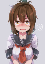 Rule 34 | 1girl, alternate breast size, anchor symbol, black sailor collar, blush, breast press, breasts, brown eyes, brown hair, collarbone, duplicate, embarrassed, folded ponytail, grey background, hair between eyes, highres, inazuma (kancolle), kantai collection, large breasts, long hair, looking at viewer, neckerchief, open mouth, pixel-perfect duplicate, red neckerchief, sailor collar, school uniform, serafuku, short sleeves, simple background, solo, spoken blush, taisho (gumiyuki), upper body