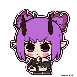 Rule 34 | arknights, bare shoulders, black shirt, blush stickers, closed mouth, commentary request, cropped torso, ear piercing, lava (arknights), looking at viewer, lowres, off-shoulder shirt, off shoulder, outline, piercing, pointy ears, purple eyes, purple hair, satsuki (satsu doll), shirt, sidelocks, spikes, twitter username, upper body, v-shaped eyebrows, white outline