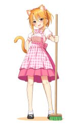 Rule 34 | 1girl, absurdres, animal ears, apron, blush, bow, breasts, broom, cat ears, cat tail, dress, full body, go-1, grey eyes, hair between eyes, hair bow, highres, idolmaster, idolmaster cinderella girls, long hair, looking at viewer, open mouth, orange hair, pink bow, pink dress, ponytail, puffy short sleeves, puffy sleeves, short sleeves, sidelocks, simple background, small breasts, smile, solo, tail, white background, yuuki haru