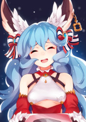 Rule 34 | 1girl, ^ ^, animal ear fluff, animal ears, bare shoulders, blue hair, bow, breasts, brown gloves, christmas, closed eyes, commentary, detached sleeves, earrings, english commentary, erune, ferry (granblue fantasy), ferry (santa minidress) (granblue fantasy), fur-trimmed sleeves, fur trim, gloves, granblue fantasy, hair between eyes, hair bow, head tilt, highres, jewelry, long hair, open mouth, pastry box, rabbit ears, red bow, ricegnat, single earring, small breasts, smile, solo, striped, striped bow, teeth, underboob, upper body, upper teeth only, very long hair, wavy hair