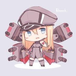 Rule 34 | 10s, 1girl, absurdres, bad id, bad pixiv id, bare shoulders, bismarck (kancolle), blonde hair, blue eyes, blush, character name, chibi, detached sleeves, grey thighhighs, hat, highres, kantai collection, long hair, long sleeves, machinery, military, military uniform, no nose, peaked cap, seedflare, silver background, simple background, solo, thighhighs, turret, uniform