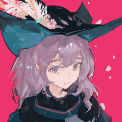 Rule 34 | 1girl, arknights, blue hat, closed mouth, commentary, grey eyes, grey hair, grey jacket, hat, hat feather, highres, jacket, long hair, looking at viewer, pink background, portrait, simple background, skadi (arknights), smile, solo, zygocactus