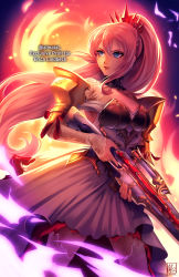 Rule 34 | 1girl, absurdres, alina l, armor, black choker, blue eyes, breastplate, breasts, choker, cleavage, dress, floating hair, gun, highres, holding, holding gun, holding weapon, long hair, long sleeves, medium breasts, off-shoulder dress, off shoulder, parted lips, pink hair, pleated dress, ponytail, red lips, rifle, shionne (tales), sleeves past wrists, solo, standing, tales of (series), tales of arise, thighhighs, twitter username, very long hair, watermark, weapon, white dress, white thighhighs